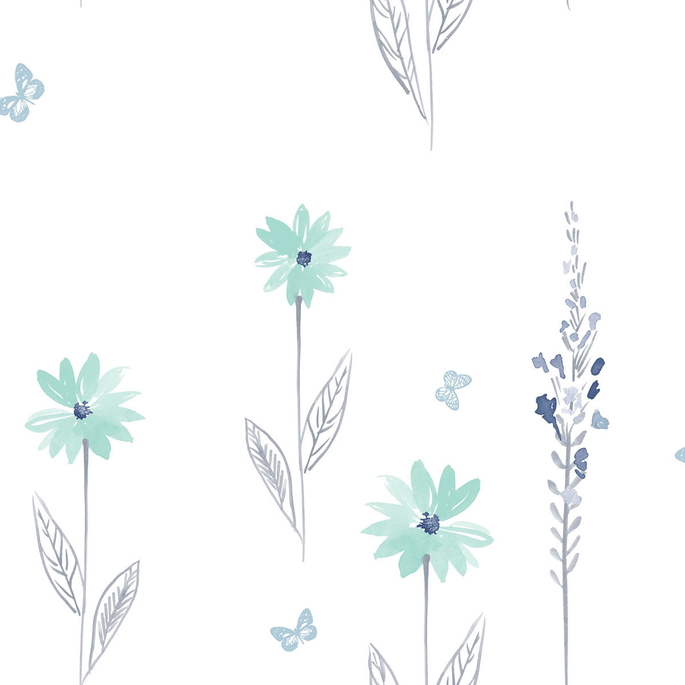 Seabrook Designs Daisy Field Teal &amp; Gray Wallpaper image 1 of 2