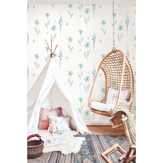 Seabrook Designs Daisy Field Teal &amp; Gray Wallpaper image 2 of 2
