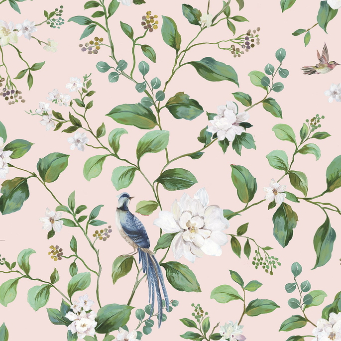 Peel &amp; Stick Chinoiserie Bird Vine Blush Wallpaper image 1 of 6