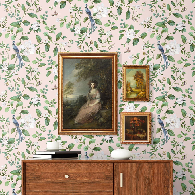 Peel &amp; Stick Chinoiserie Bird Vine Blush Wallpaper image 2 of 6