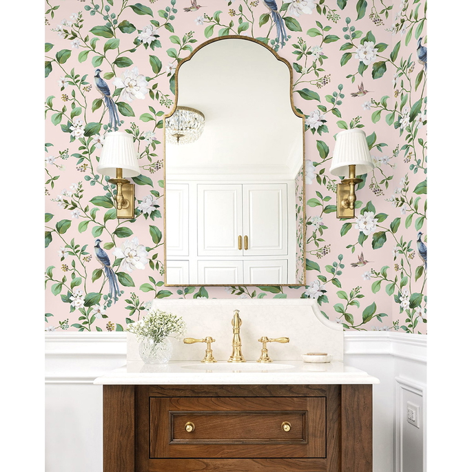 Peel &amp; Stick Chinoiserie Bird Vine Blush Wallpaper image 3 of 6