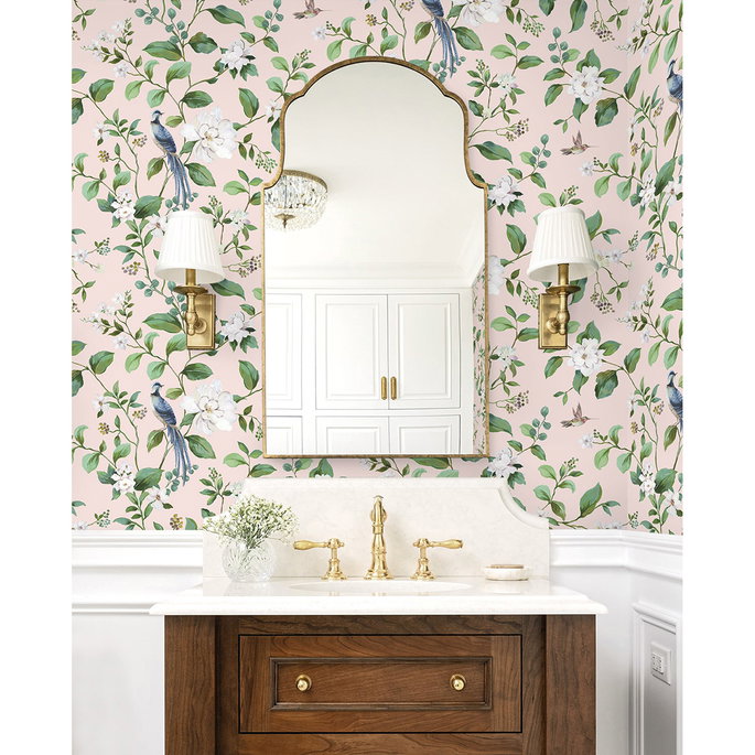 Peel &amp; Stick Chinoiserie Bird Vine Blush Wallpaper image 3 of 6