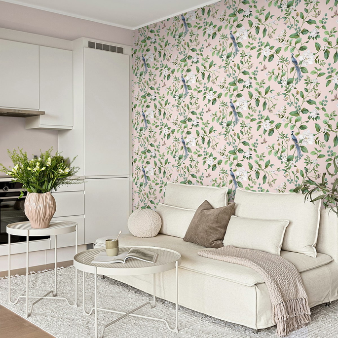 Peel &amp; Stick Chinoiserie Bird Vine Blush Wallpaper image 4 of 6