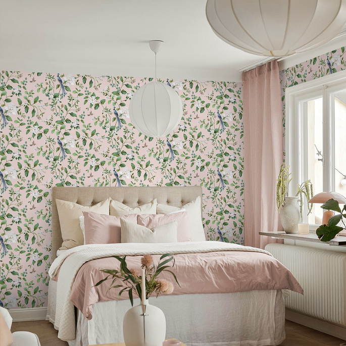 Peel &amp; Stick Chinoiserie Bird Vine Blush Wallpaper image 5 of 6