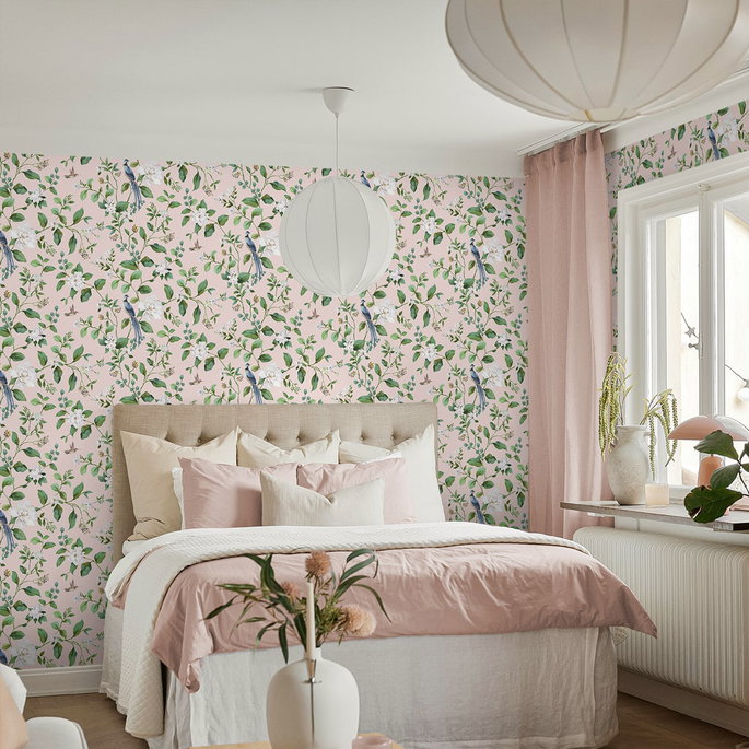 Peel &amp; Stick Chinoiserie Bird Vine Blush Wallpaper image 5 of 6