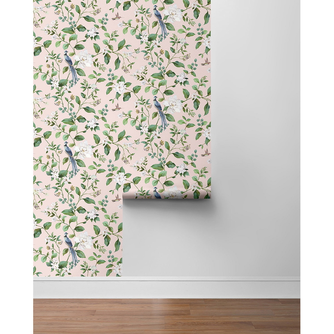 Peel &amp; Stick Chinoiserie Bird Vine Blush Wallpaper image 6 of 6