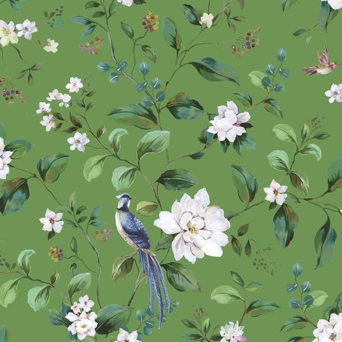 Peel &amp; Stick Chinoiserie Bird Vine Green Wallpaper image 1 of 6