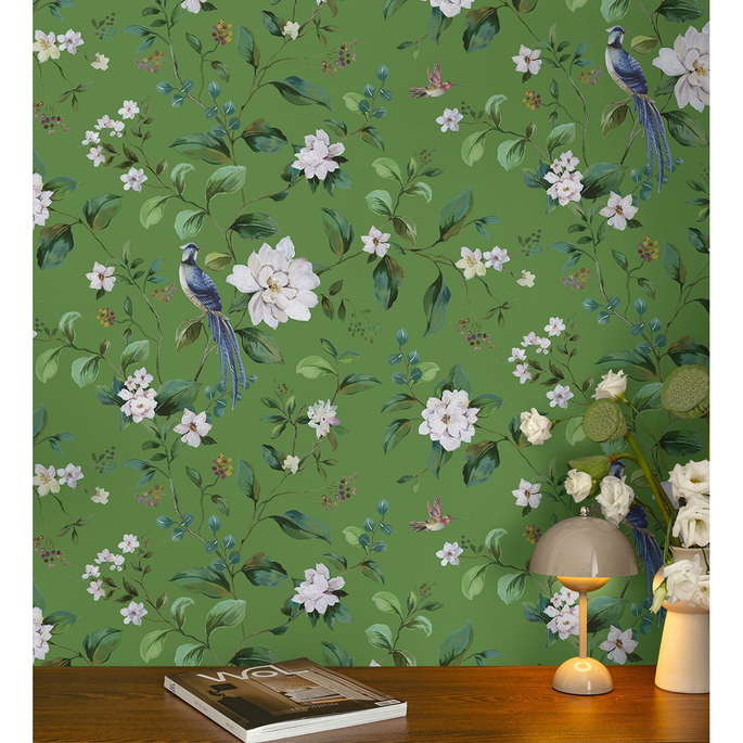 Peel &amp; Stick Chinoiserie Bird Vine Green Wallpaper image 2 of 6