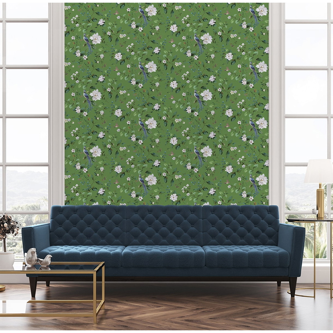 Peel &amp; Stick Chinoiserie Bird Vine Green Wallpaper image 4 of 6