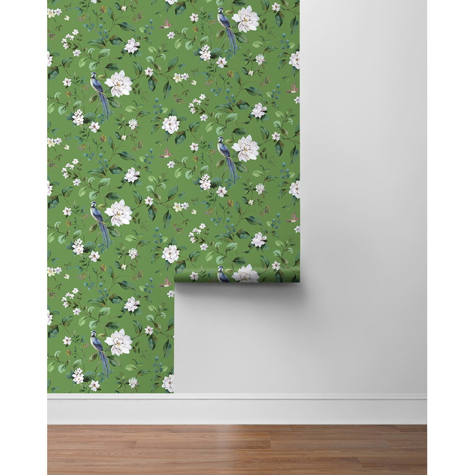 Peel &amp; Stick Chinoiserie Bird Vine Green Wallpaper image 6 of 6