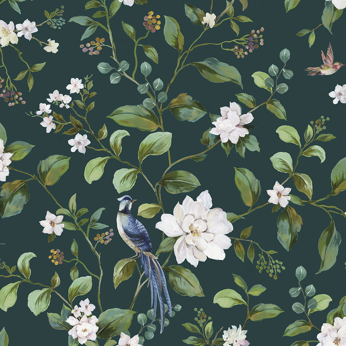 Peel &amp; Stick Chinoiserie Bird Vine Teal Wallpaper image 1 of 5