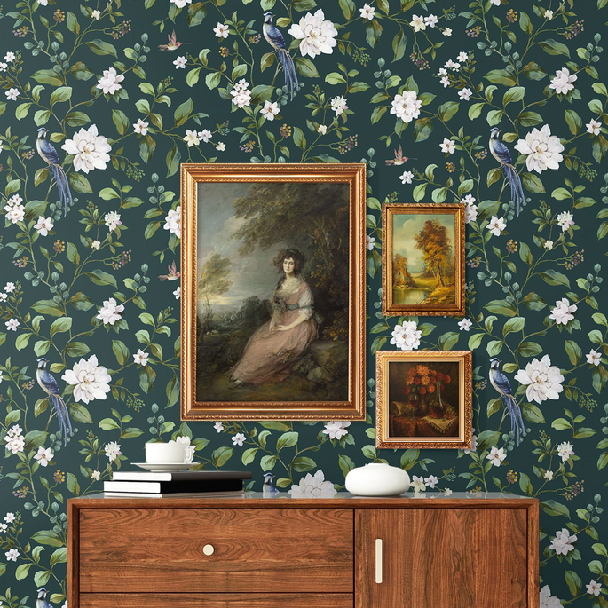 Peel &amp; Stick Chinoiserie Bird Vine Teal Wallpaper image 2 of 5