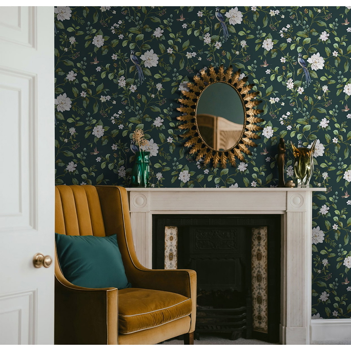 Peel &amp; Stick Chinoiserie Bird Vine Teal Wallpaper image 3 of 5