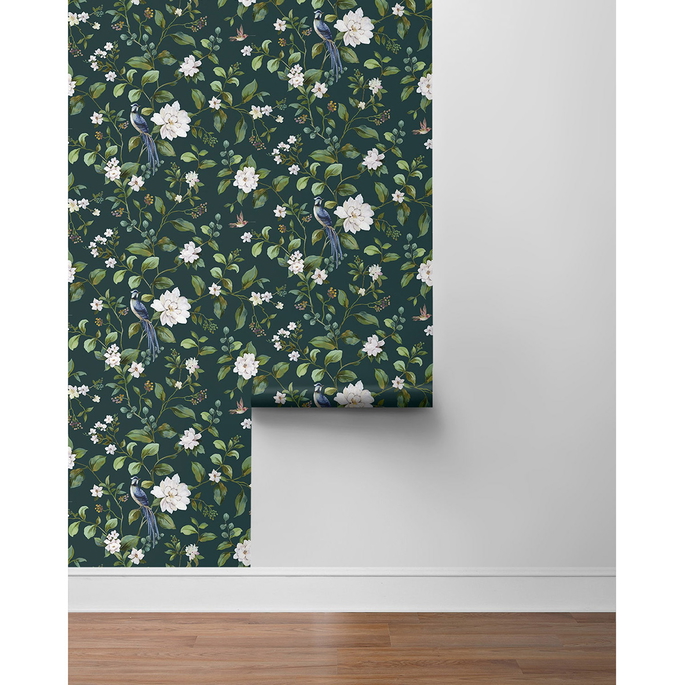 Peel &amp; Stick Chinoiserie Bird Vine Teal Wallpaper image 5 of 5