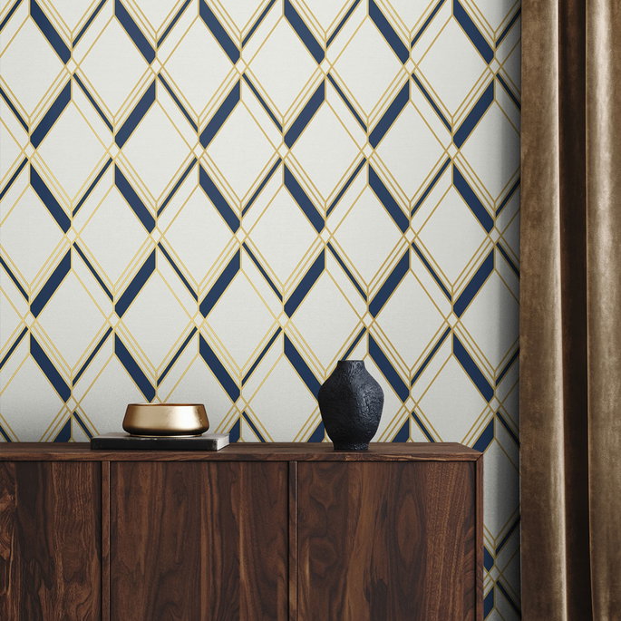 Collins &amp; Company Brooklyn Diamond Metallic Gold &amp; Navy Wallpaper image 2 of 2