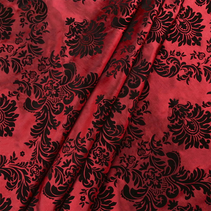 Flocked Burgundy Damask Taffeta Fabric image 2 of 3