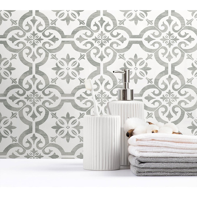 Seabrook Designs Encaustic Faux Tile Harbor Mist Wallpaper image 3 of 4