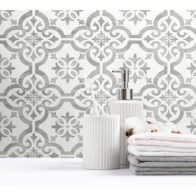 Seabrook Designs Encaustic Faux Tile Harbor Mist Wallpaper image 3 of 4