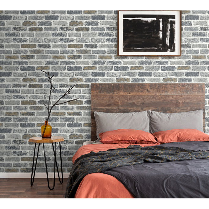 Seabrook Designs Vintage Faux Brick Steel Grey &amp; Tan Wallpaper image 3 of 3
