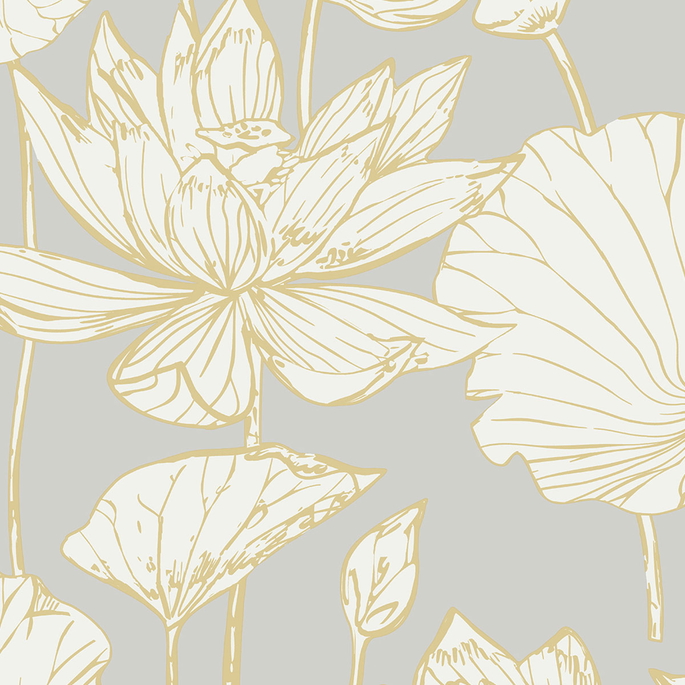 Seabrook Designs Water Lily Floral Metallic Gold &amp; Grey Wallpaper image 1 of 5