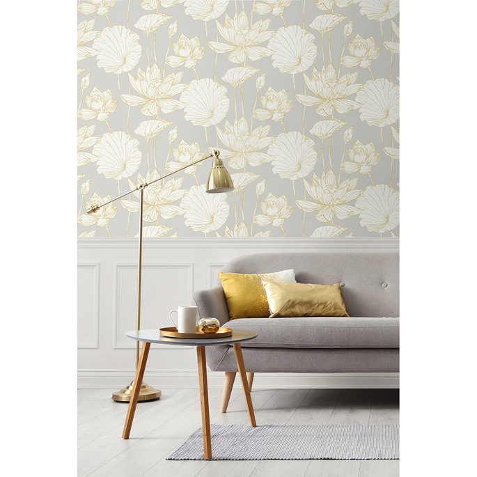 Seabrook Designs Water Lily Floral Metallic Gold &amp; Grey Wallpaper image 2 of 5