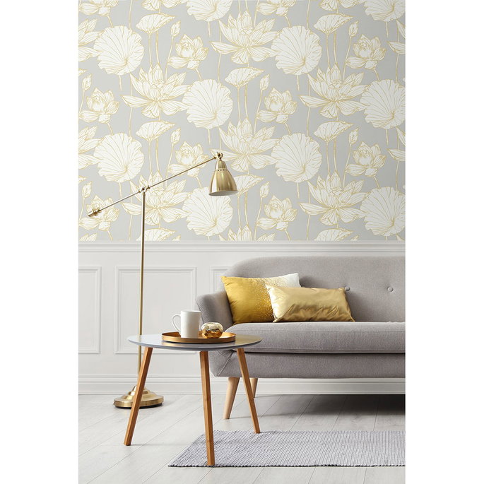 Seabrook Designs Water Lily Floral Metallic Gold &amp; Grey Wallpaper image 2 of 5