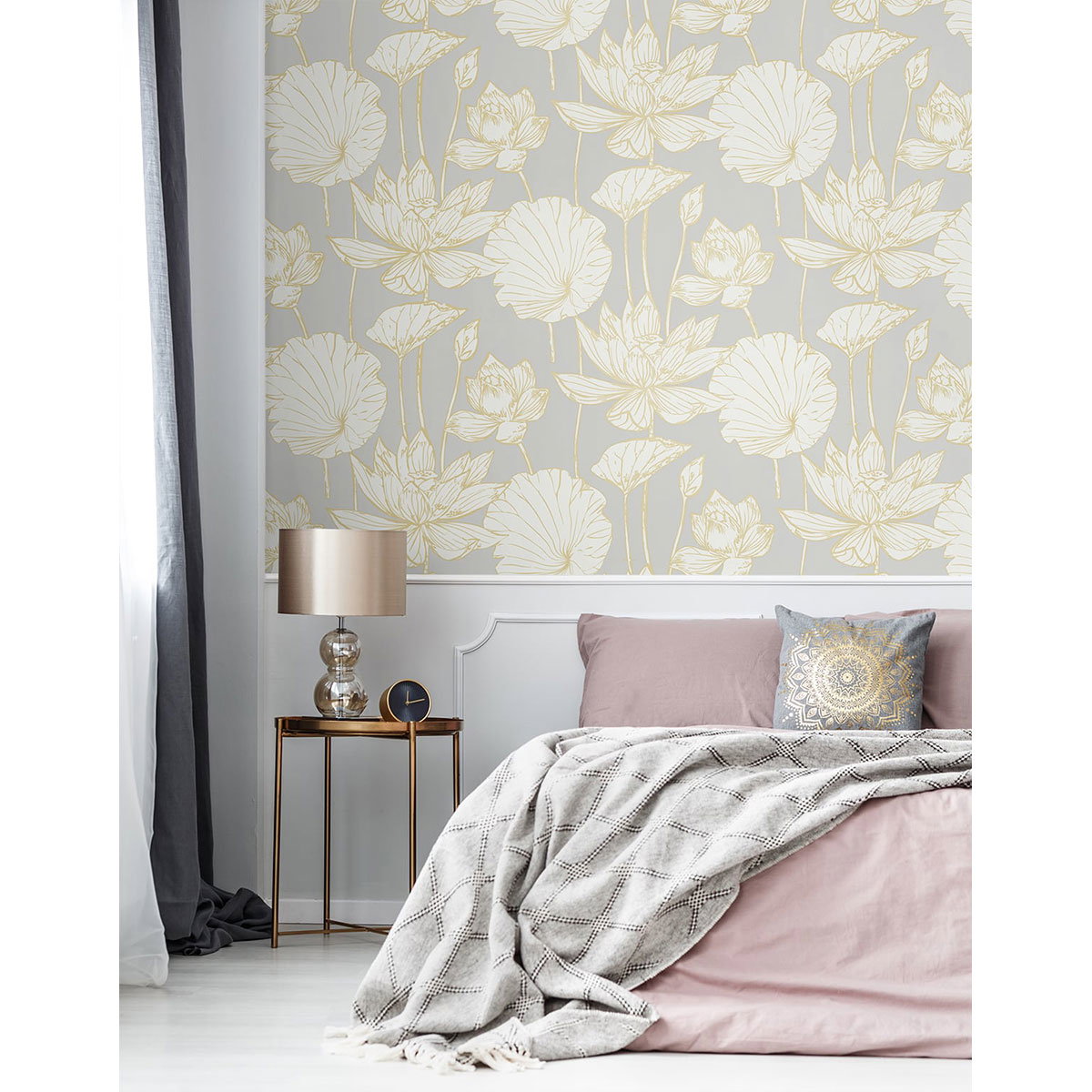 Seabrook Designs Water Lily Floral Metallic Gold & Grey Wallpaper ...