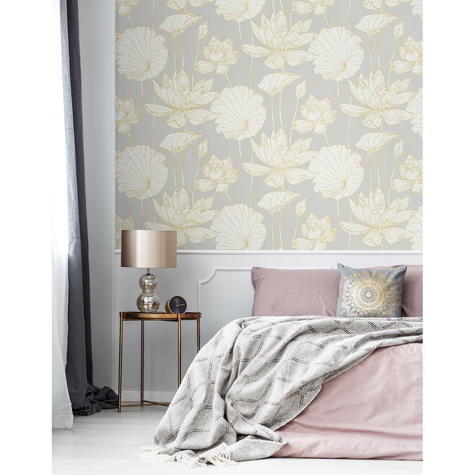 Seabrook Designs Water Lily Floral Metallic Gold &amp; Grey Wallpaper image 4 of 5