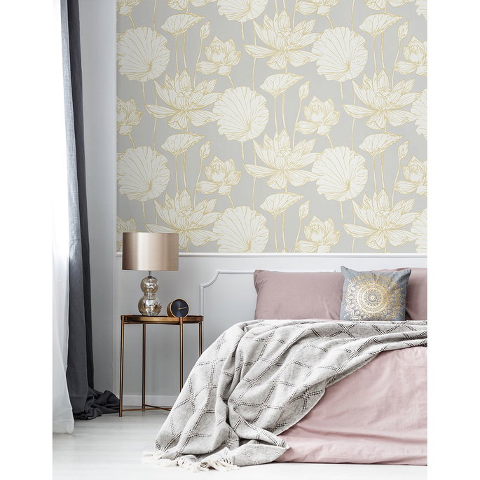 Seabrook Designs Water Lily Floral Metallic Gold &amp; Grey Wallpaper image 4 of 5