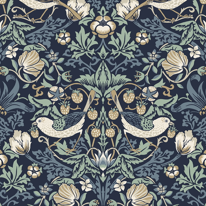 Seabrook Designs Fragaria Garden Navy Blue &amp; Aloe Wallpaper image 1 of 4
