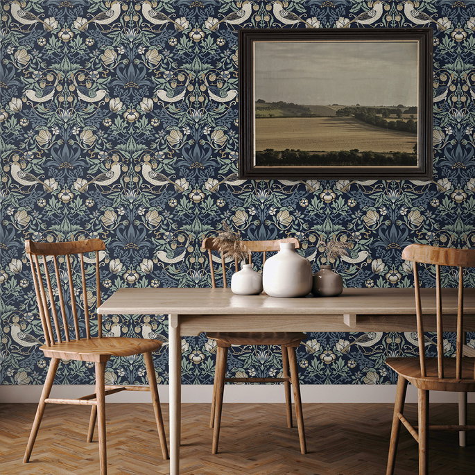 Seabrook Designs Fragaria Garden Navy Blue &amp; Aloe Wallpaper image 2 of 4