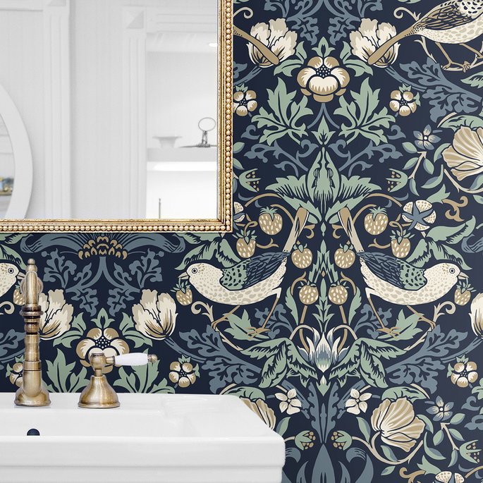 Seabrook Designs Fragaria Garden Navy Blue &amp; Aloe Wallpaper image 4 of 4