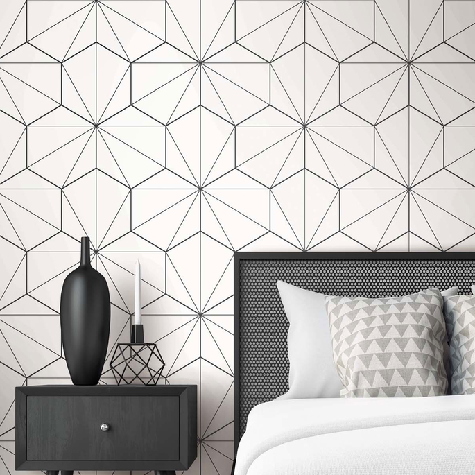 Seabrook Designs Hedron Geometric Ebony &amp; Eggshell Wallpaper image 2 of 4
