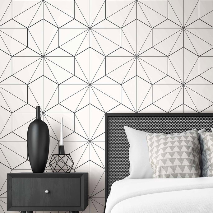 Seabrook Designs Hedron Geometric Ebony &amp; Eggshell Wallpaper image 2 of 4