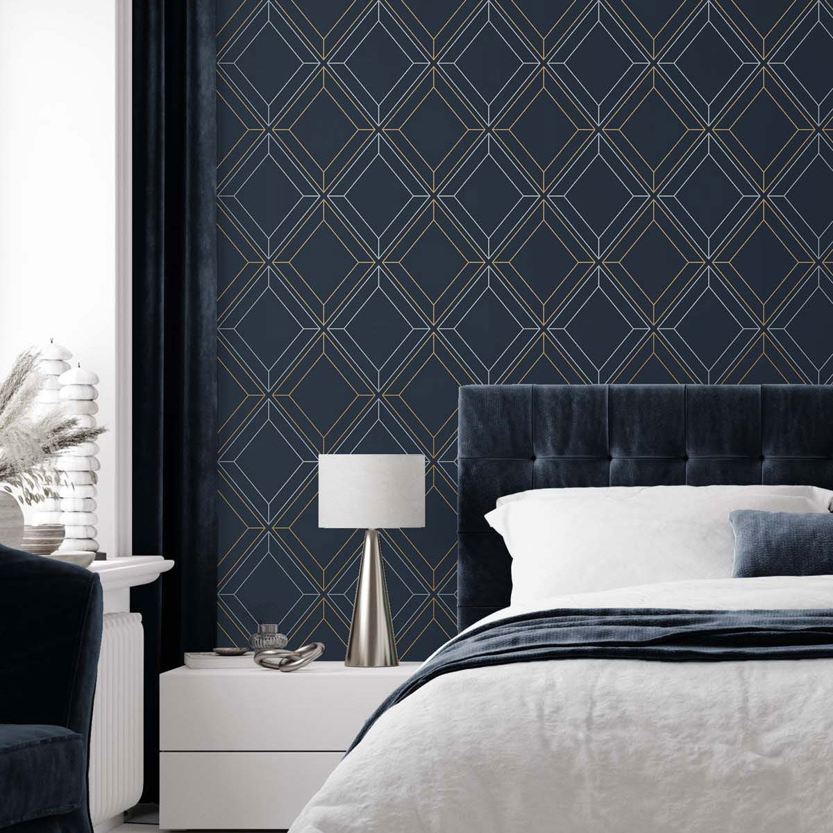 Seabrook Designs Linework Gem Midnight Blue & Metallic Gold Wallpaper ...