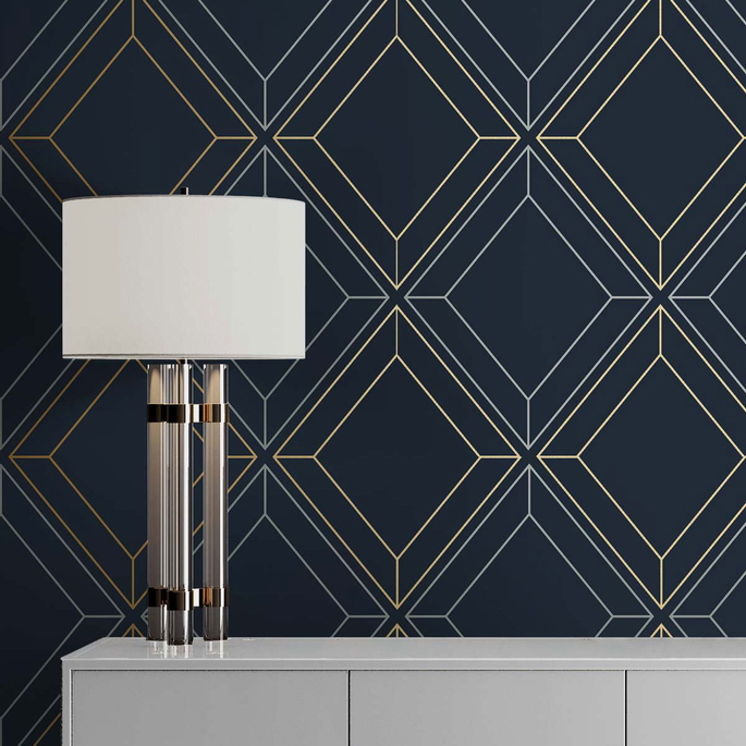 Seabrook Designs Linework Gem Midnight Blue &amp; Metallic Gold Wallpaper image 3 of 4