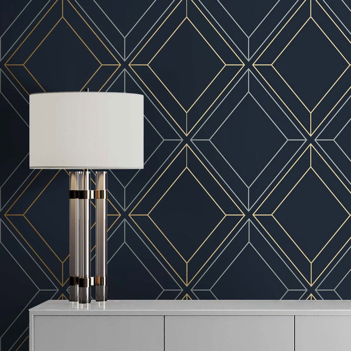 Seabrook Designs Linework Gem Midnight Blue &amp; Metallic Gold Wallpaper image 3 of 4