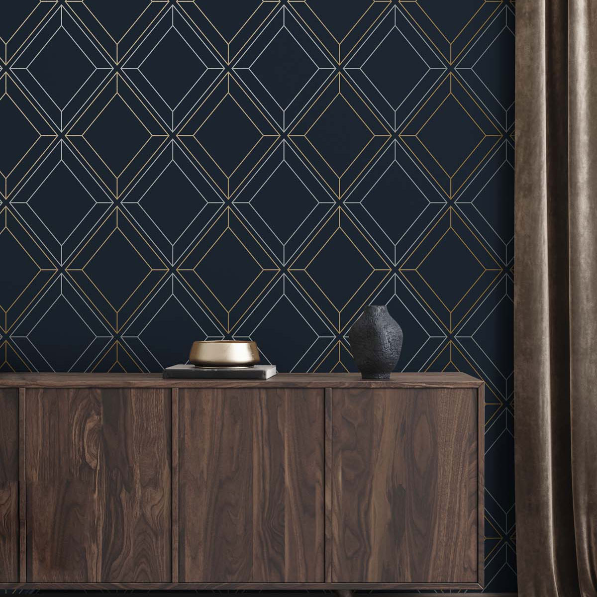 Seabrook Designs Linework Gem Midnight Blue & Metallic Gold Wallpaper ...