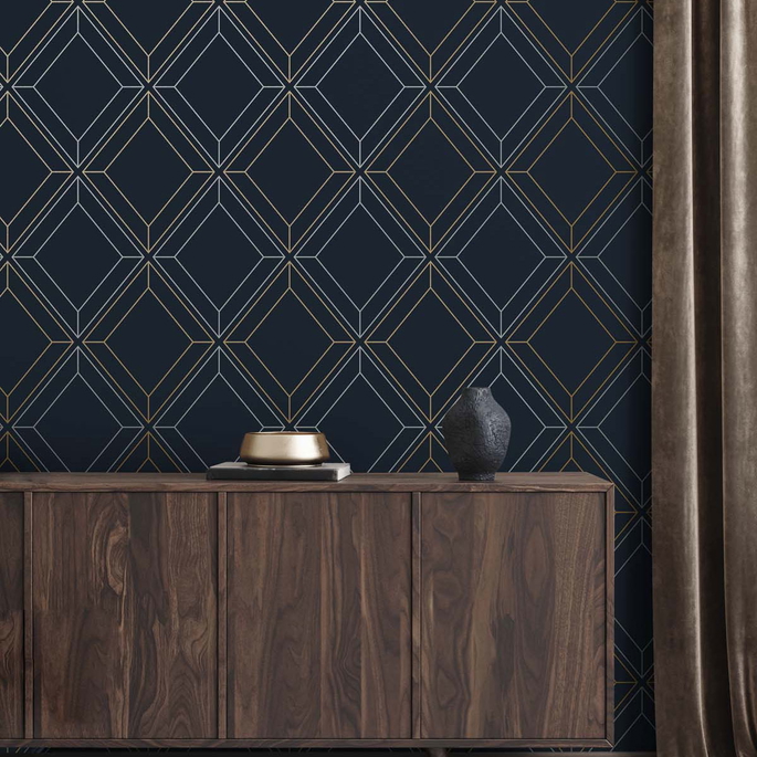 Seabrook Designs Linework Gem Midnight Blue &amp; Metallic Gold Wallpaper image 4 of 4