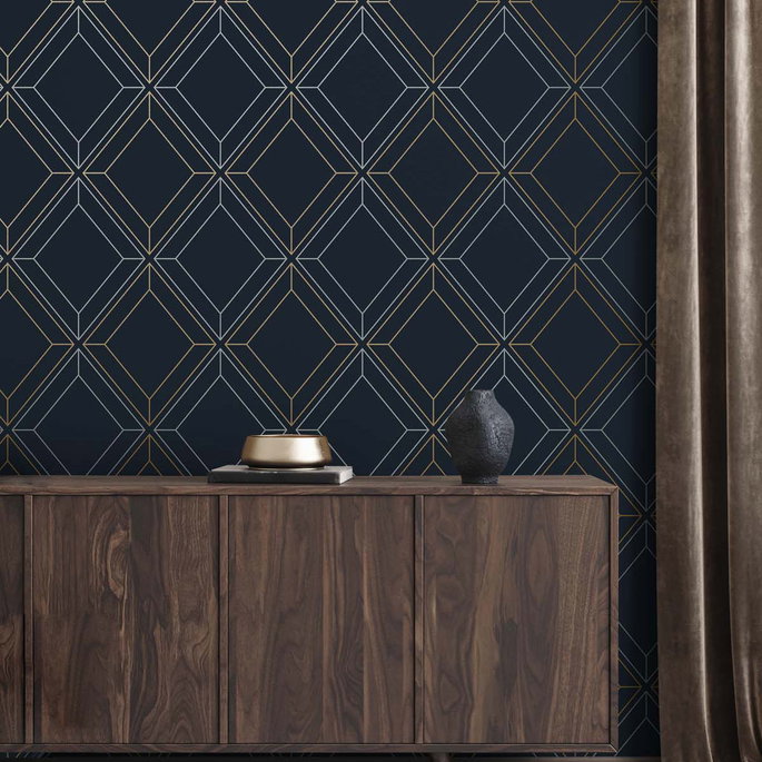 Seabrook Designs Linework Gem Midnight Blue &amp; Metallic Gold Wallpaper image 4 of 4