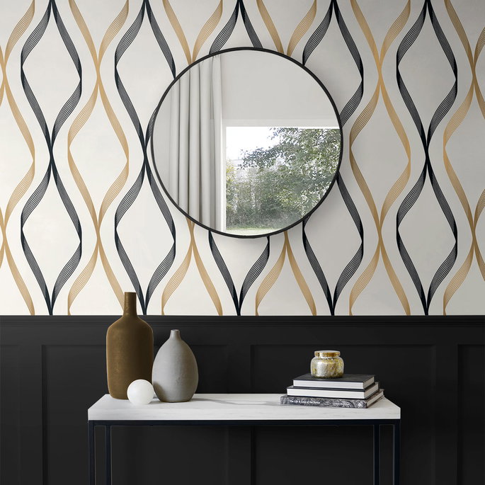 Seabrook Designs Wave Ogee Metallic Gold &amp; Ebony Wallpaper image 2 of 4