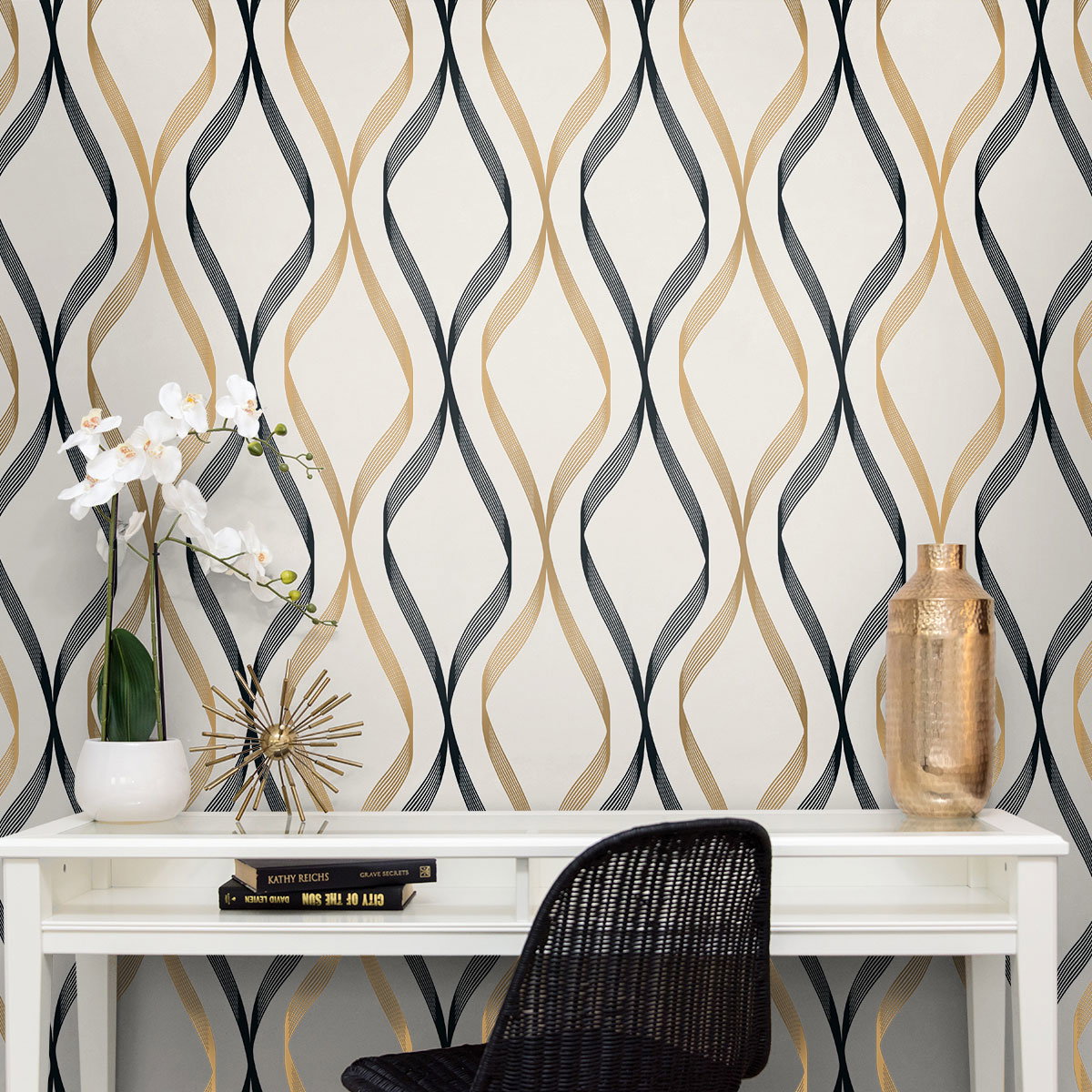 Seabrook Designs Wave Ogee Metallic Gold & Ebony Wallpaper ...