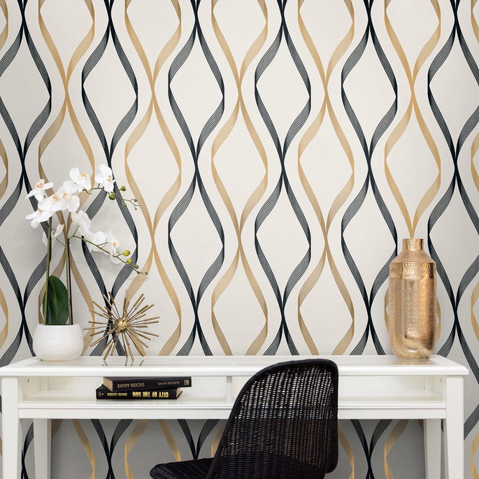 Seabrook Designs Wave Ogee Metallic Gold &amp; Ebony Wallpaper image 3 of 4
