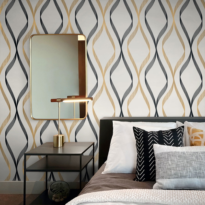 Seabrook Designs Wave Ogee Metallic Gold &amp; Ebony Wallpaper image 4 of 4