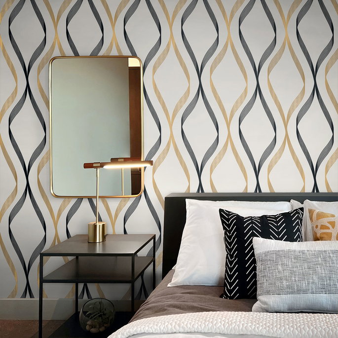 Seabrook Designs Wave Ogee Metallic Gold &amp; Ebony Wallpaper image 4 of 4