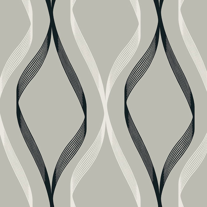 Seabrook Designs Wave Ogee Fog Grey &amp; Ebony Wallpaper image 1 of 4