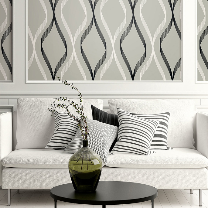 Seabrook Designs Wave Ogee Fog Grey &amp; Ebony Wallpaper image 2 of 4