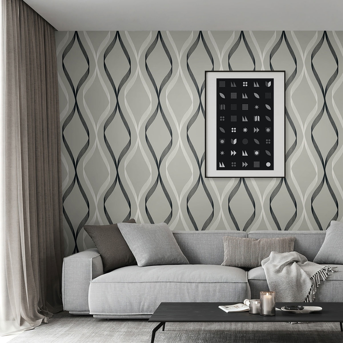 Seabrook Designs Wave Ogee Fog Grey &amp; Ebony Wallpaper image 3 of 4
