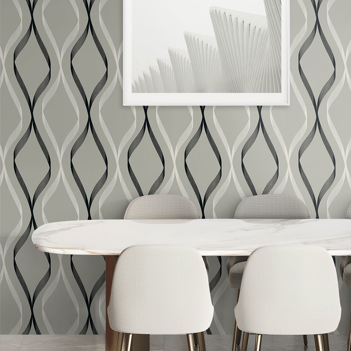 Seabrook Designs Wave Ogee Fog Grey &amp; Ebony Wallpaper image 4 of 4