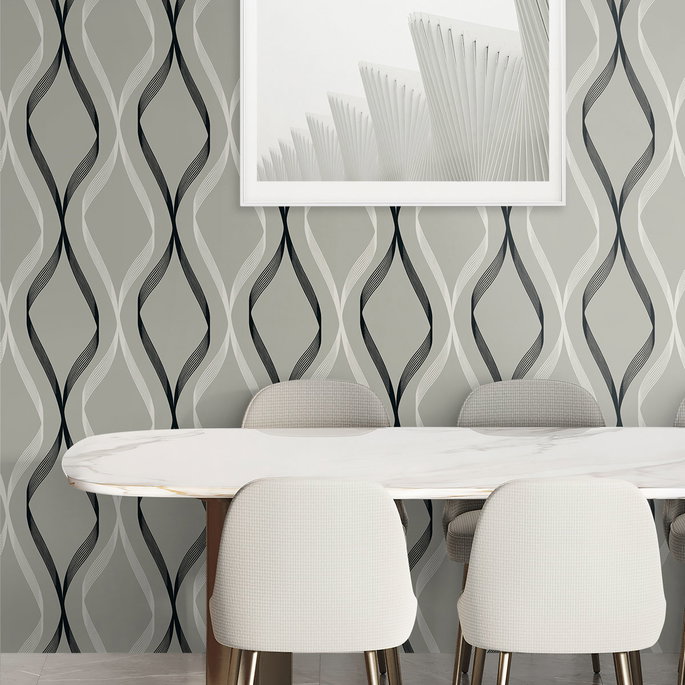 Seabrook Designs Wave Ogee Fog Grey &amp; Ebony Wallpaper image 4 of 4